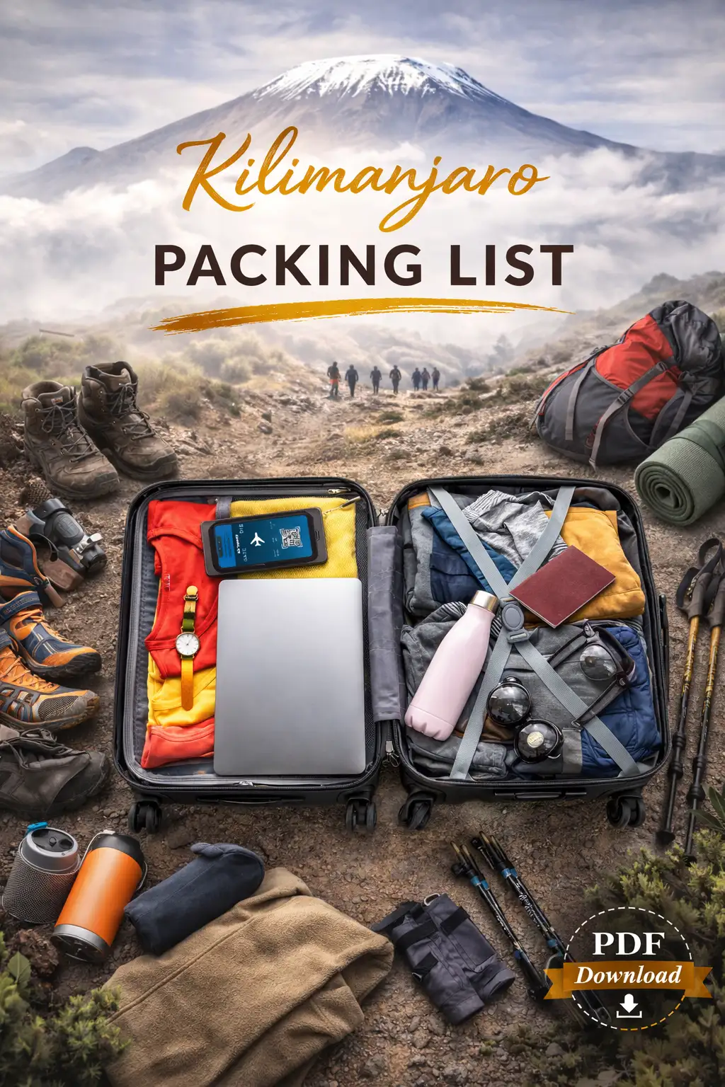 Kilimanjaro trekking gear including waterproof jacket, hiking boots, sleeping bag and daypack laid out before a climb
