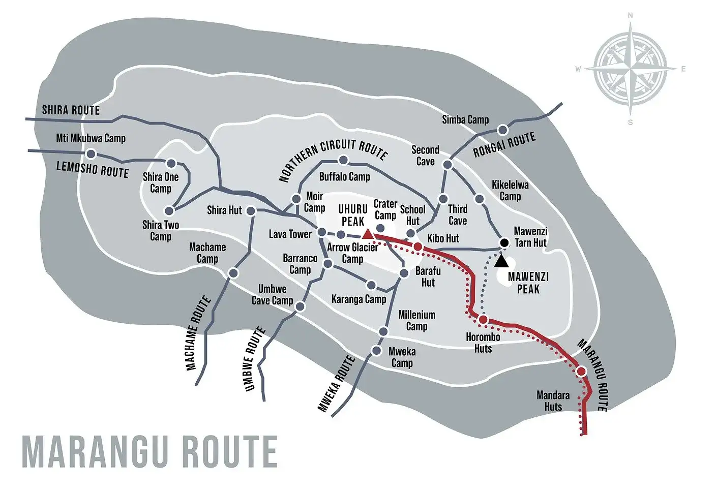 Marangu Route on Mount Kilimanjaro, a popular trekking path with mountain huts along the trail.